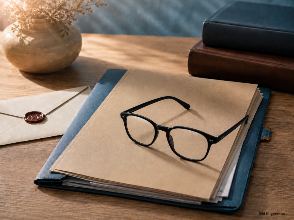 Unterlagen und Brille als Symbol für Testamentsvollstreckung und Nachlassabwicklung