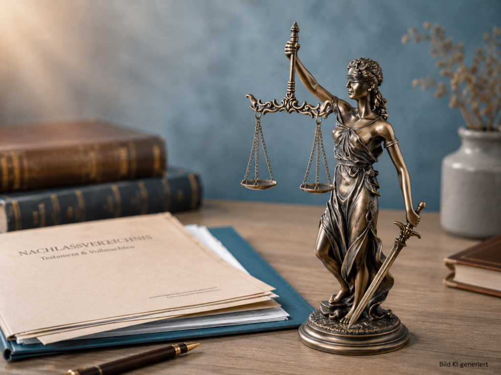 Justitia und Nachlassunterlagen als Symbol für Nachlasspflegschaft